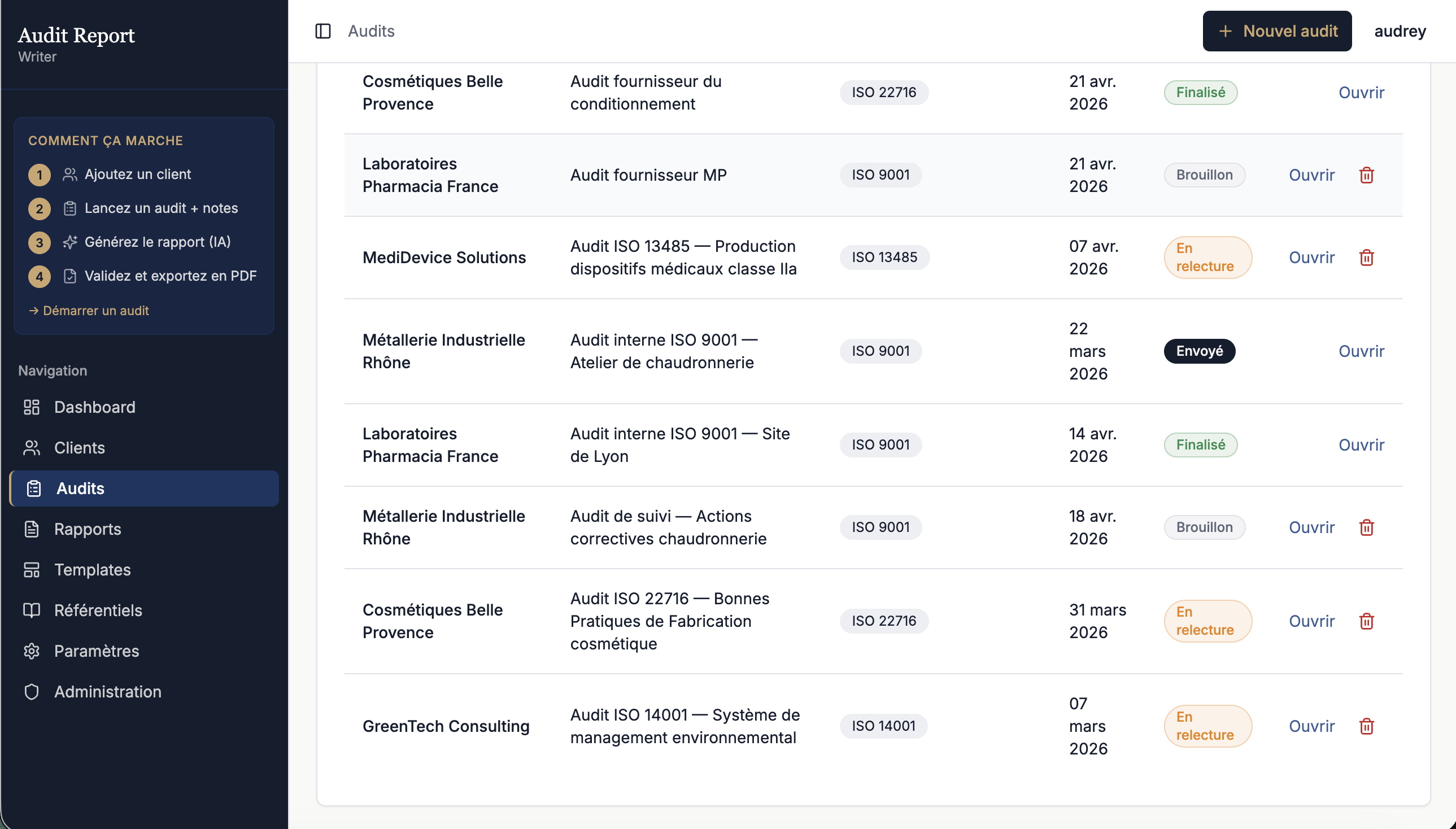 Audit Report — application SaaS de génération de rapports d'audit par IA pour consultants qualité, multi-référentiels, export PDF
